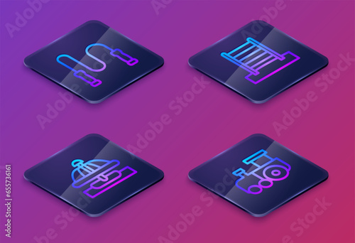 Set Isometric line Jump rope, Attraction carousel, Swedish wall and Toy train. Blue square button. Vector