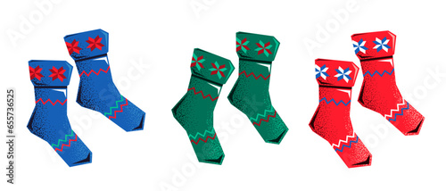 Socks. Collection of winter knitted socks.Winter accessory.Christmas socks.Vector illustration.