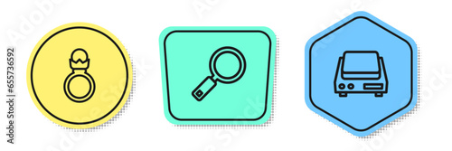 Set line Diamond engagement ring, Magnifying glass and Electronic jewelry scales. Colored shapes. Vector
