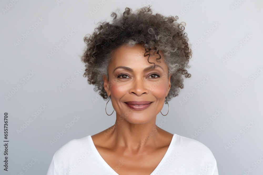 A happy and confident mature woman with curly grey hair, exuding natural beauty and individuality in her outdoor portrait. A happy and confident mature woman with curly grey hair, exuding natural beauty and individuality in her outdoor portrait.