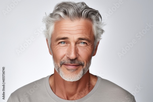 A confident, happy senior Caucasian man with a charming smile, beard in a casual, modern portrait.