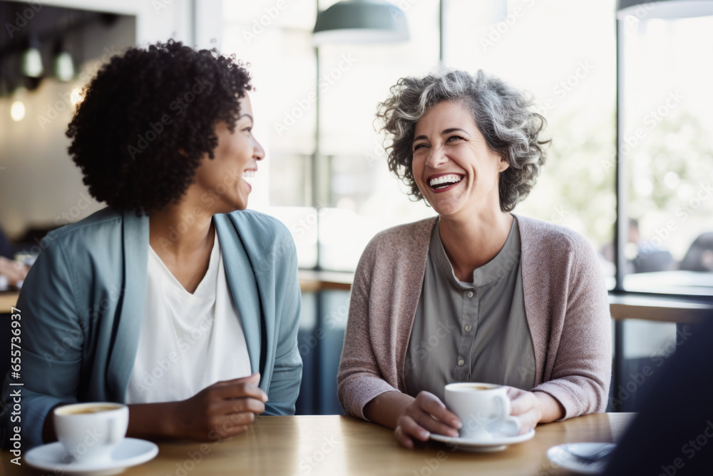 Happy smiling middle aged female friends sitting in a café laughing and talking during a lunch break Happy smiling middle aged female friends sitting in a café laughing and talking during a lunch break