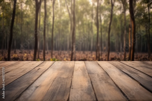 An empty wooden deck surrounded by a lush forest