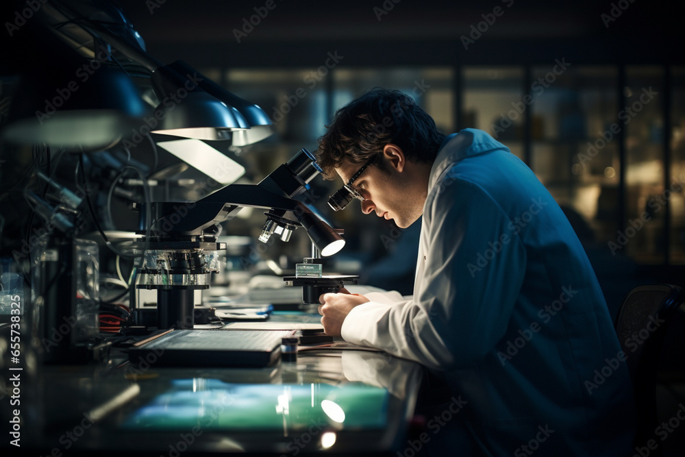Inquisitive Scientist Delving into the Microcosm: Captivating Photo of Microscope Exploration in a Cutting-Edge Research Lab Inquisitive Scientist Delving into the Microcosm: Captivating Photo of Microscope Exploration in a Cutting-Edge Research Lab