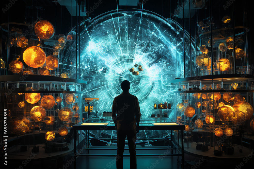 Fototapeta premium Inquisitive Scientist Delving into the Microcosm: Captivating Photo of Microscope Exploration in a Cutting-Edge Research Lab