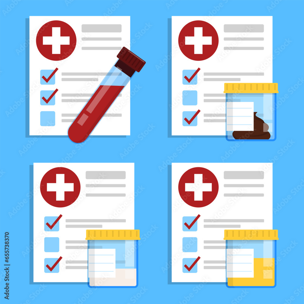 Medical test vector set. Illustration of laboratory containers with