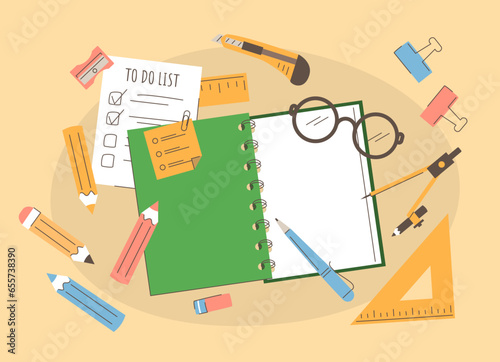 School supplies on the desk top view. Vector illustration of different studying tools. Pen, pencils, task list. Set of office stationery.