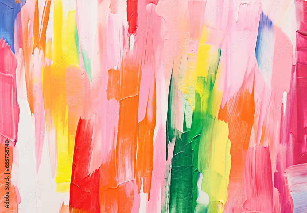abstract painting of rainbow color brushes on a white background.