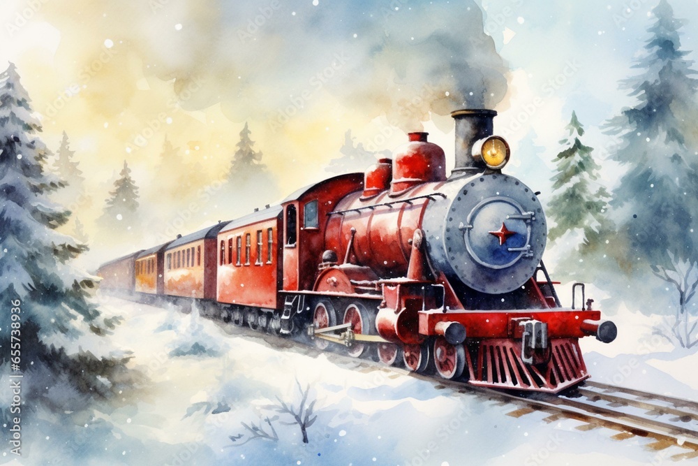 Watercolor illustration of a Christmas train with a vintage, steam
