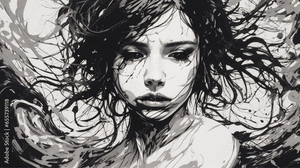 Fototapeta premium Serious girl abstract art, black color, anxiety heavy burden