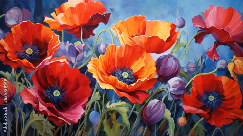 Bold Strokes of Color: Red and Blue Poppies in an Expressive Oil Painting