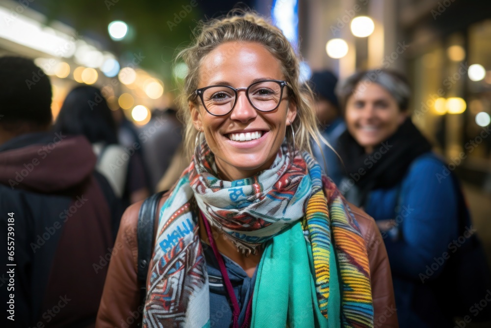Smiling young activist woman in a crowd of people, standing outdoor