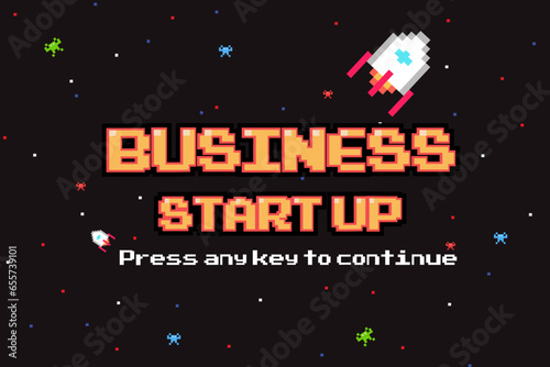 business start.pixel art .8 bit game.retro game. for game assets .Retro Futurism Sci-Fi Background and stars from vintage arcade computer games