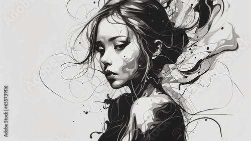 a woman with her hair blowing in the wind, with a black and white background and a splash of paint, abstract art