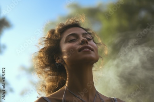 Close up de mujer meditando en plena naturaleza. 