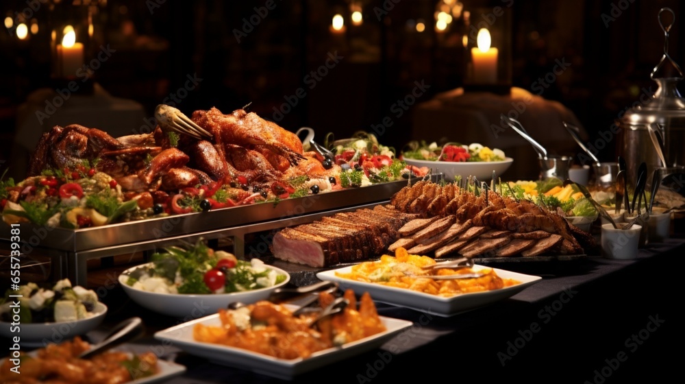 Buffet Catering with a Variety of Grilled Meats in a Restaurant Setting, Perfect for Celebrations and Wedding Receptions