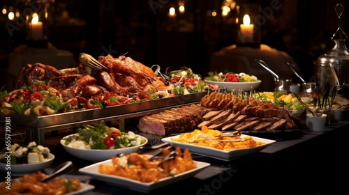 Buffet Catering with a Variety of Grilled Meats in a Restaurant Setting, Perfect for Celebrations and Wedding Receptions