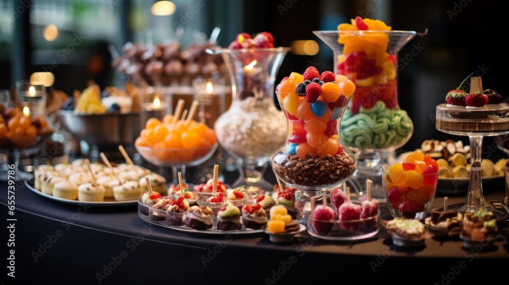 Celebratory Table, beautifully decorated, featuring Sweets and a Diverse Selection of Snacks at a Restaurant