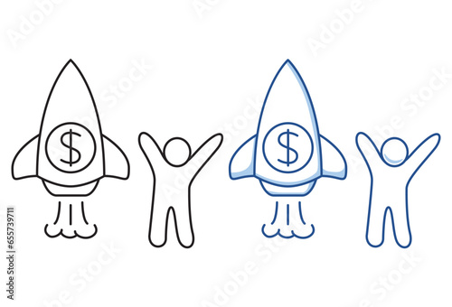 Sketch little people launched rocket. Doodle of workers startup concept.  Money rocket launch and smoke. Successful ambitious.Business motivation.Dollar coin.Investment income.