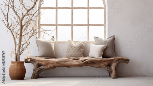 Panca di legno con cuscini. e finestra. Ai generated. photo