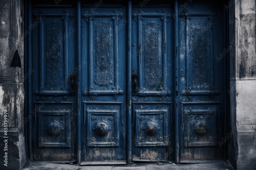 A vibrant blue door with dual handles on a striking building A vibrant blue door with dual handles on a striking building