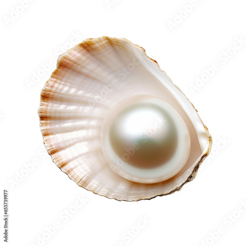 white single realistic pearl in a sea shell, Open oyster with white pearl isolated on transparent background., Pearl Shell Realistic Close Up, png file, clipping path,