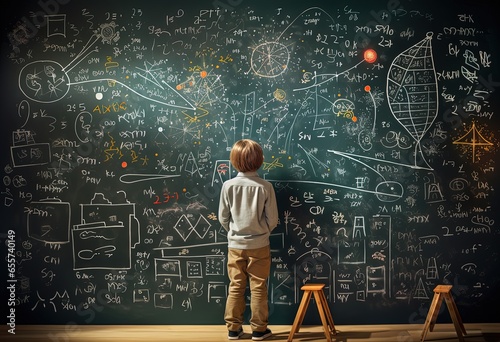 a boy with blackboard full of mathematic formula and calculation on it, Generative Ai