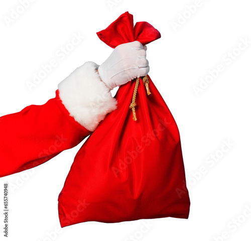 Santa Claus hand holding red sack full of presents over transparent background