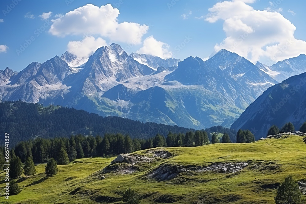 a landscape photo of the Mount Alps, sunny weather. Ultra wide shot, wide angle lens, beautiful, breath taking