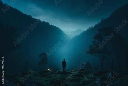 Ambient album cover, a man standing outside a forest with large hills in the background, dark foggy night, blue and green hues, cinematic lighting