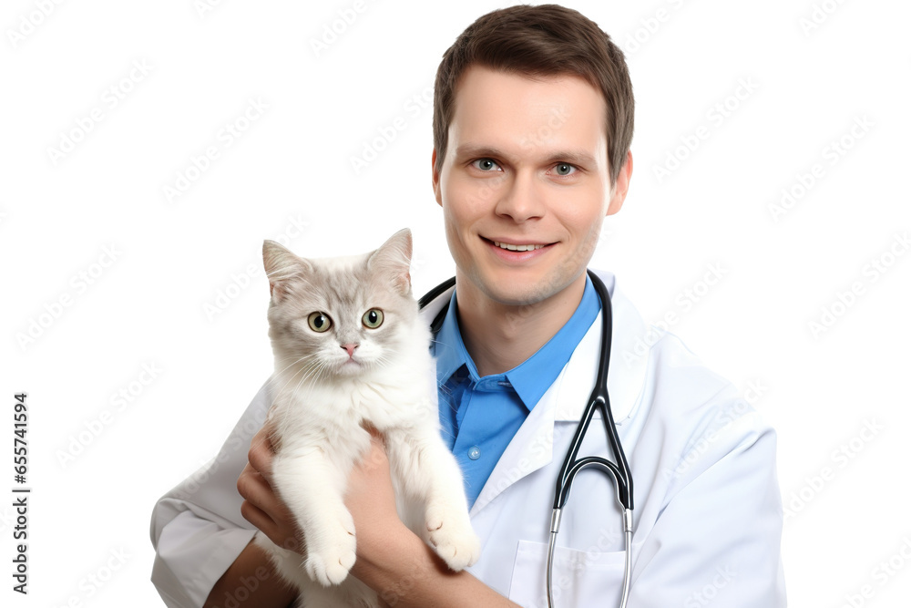 Photo of a veterinary with a cat on a PNG white background