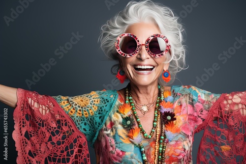 close up portrait of happy senior elderly woman  wearing fancy colorful crochet boho outfit, happy Silver Gen retire concept, youthful lifestyle, Generative Ai photo