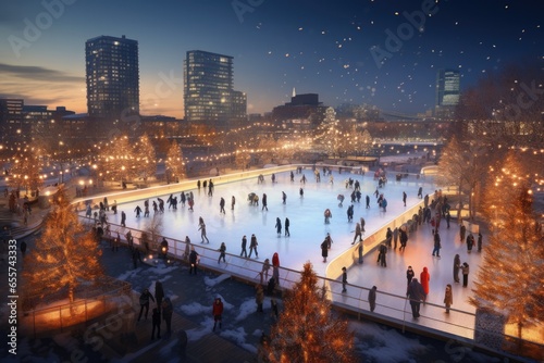 bustling urban park transformed into a winter wonderland, with families skating on a frozen pond beneath twinkling holiday lights - Generative AI