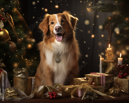 Celebrating Christmas with Dog, Dog and Christmas event, presents and christmas tree