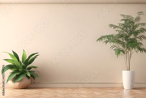 Empty room interior background, beige wall,  with plant, wooden flooring 3d rendering