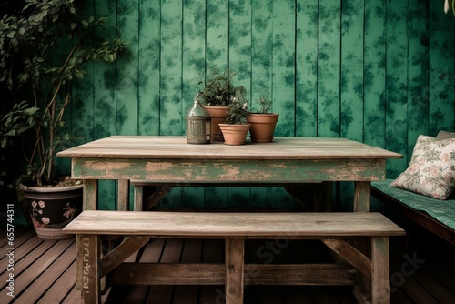 Vacant timber deck table on fresh mint wallpaper. Generative AI