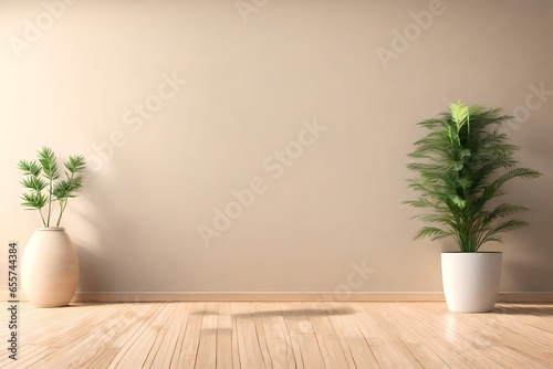 Empty room interior background, beige wall,  with plant, wooden flooring 3d rendering © CREAM 2.0