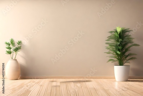 Wallpaper Mural Empty room interior background, beige wall,  with plant, wooden flooring 3d rendering Torontodigital.ca