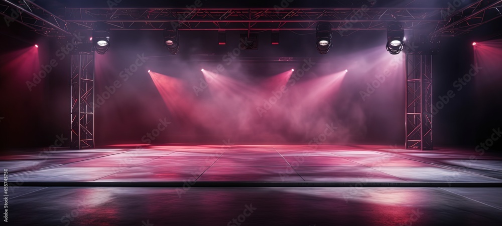 concert event stage with red spotlights shine on floor with dry ice fog, Generative Ai