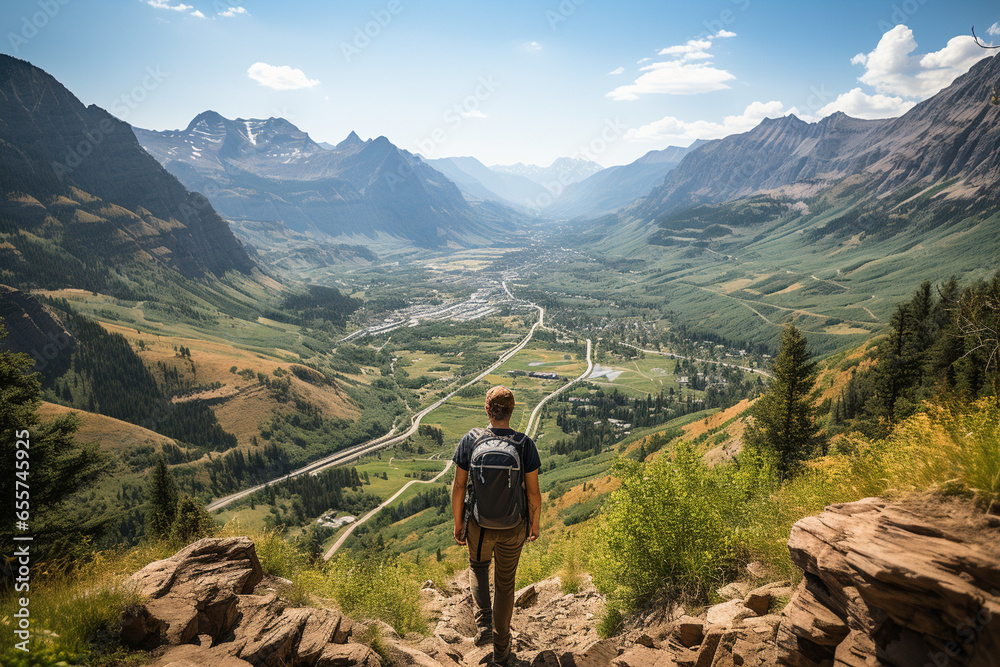 A scenic view of a person hiking in the mountains, connecting with nature for overall wellness