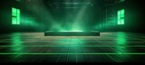 concert event stage with green spotlights shine on floor with dry ice fog, Generative Ai