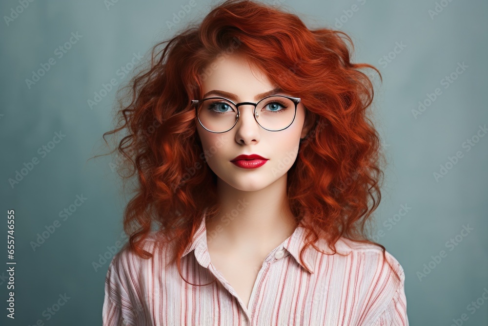 Young beautiful woman with red hair and stylish glasses exuding modern fashion and elegance in a studio portrait.