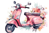 Watercolor hand painted scooter illustration isolated on a white background. Vintage motorbike with flowers design.