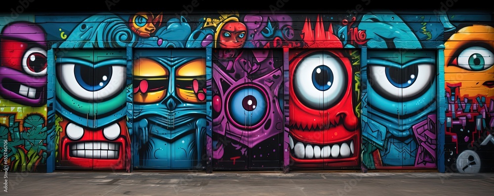 Obraz premium graffiti on wall cartoon design, funny face and alien things, Generative ai
