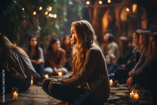 A person engaged in a support group meeting for individuals dealing with addiction photo