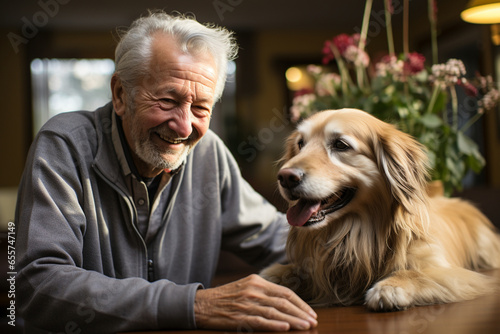 An elderly person enjoying a pet therapy session with a friendly dog to alleviate loneliness