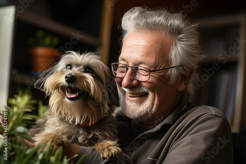 An elderly person enjoying a pet therapy session with a friendly dog to alleviate loneliness