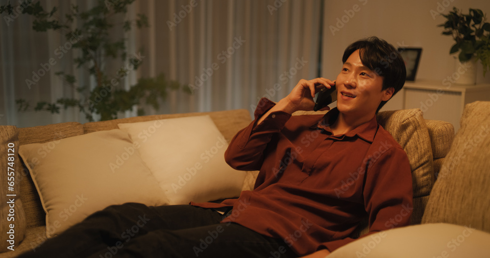 Handsome South Korean Young Man is Having a Joyful Phone Conversation, Having a Casual Chat with a Friend, Telling Fun Stories While Relaxing on Comfortable Sofa in the Evening Handsome South Korean Young Man is Having a Joyful Phone Conversation, Having a Casual Chat with a Friend, Telling Fun Stories While Relaxing on Comfortable Sofa in the Evening