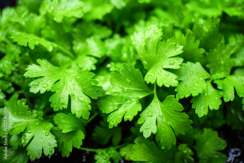 Fresh green parsley leaves with waterdrops. Generative AI