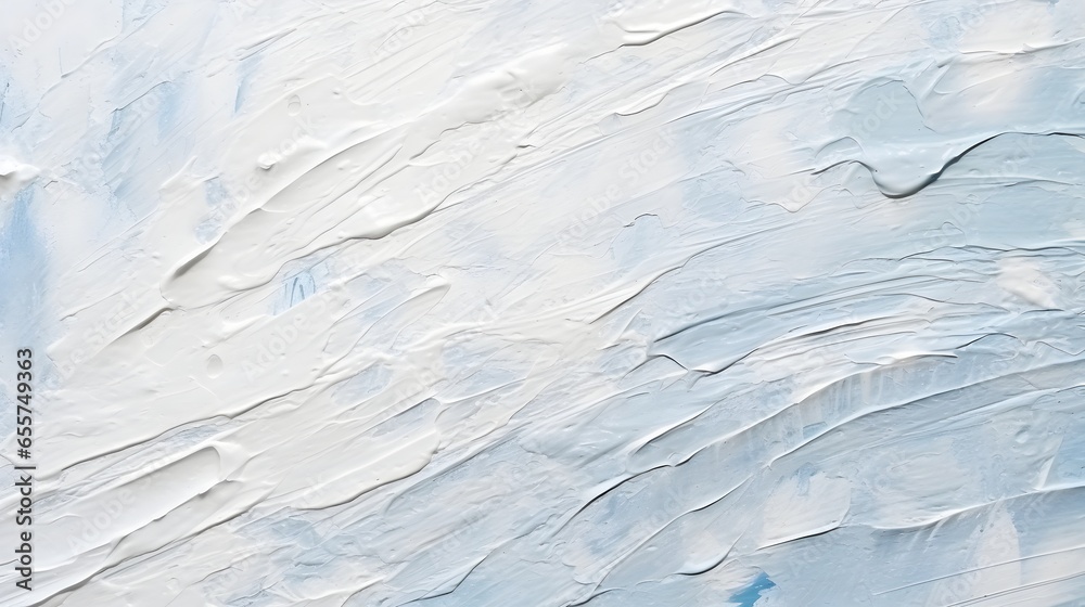 Close up of oil painting texture with brush strokes and palette knife strokes in white and grey colors